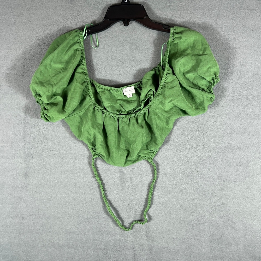 LE LIS Womens Top Size M Green Solid Cropped Puff Short Sleeve Square Neck